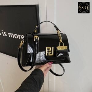 FENDI Elegant Black Glossy Shoulder Handbag