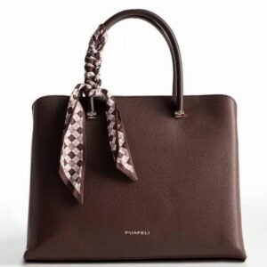 PUAFELI Women’s Premium Coco Dark Brown Tote Handbag with Silk Scarf