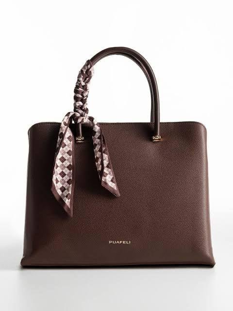 PUAFELI Women’s Premium Coco Dark Brown Tote Handbag with Silk Scarf