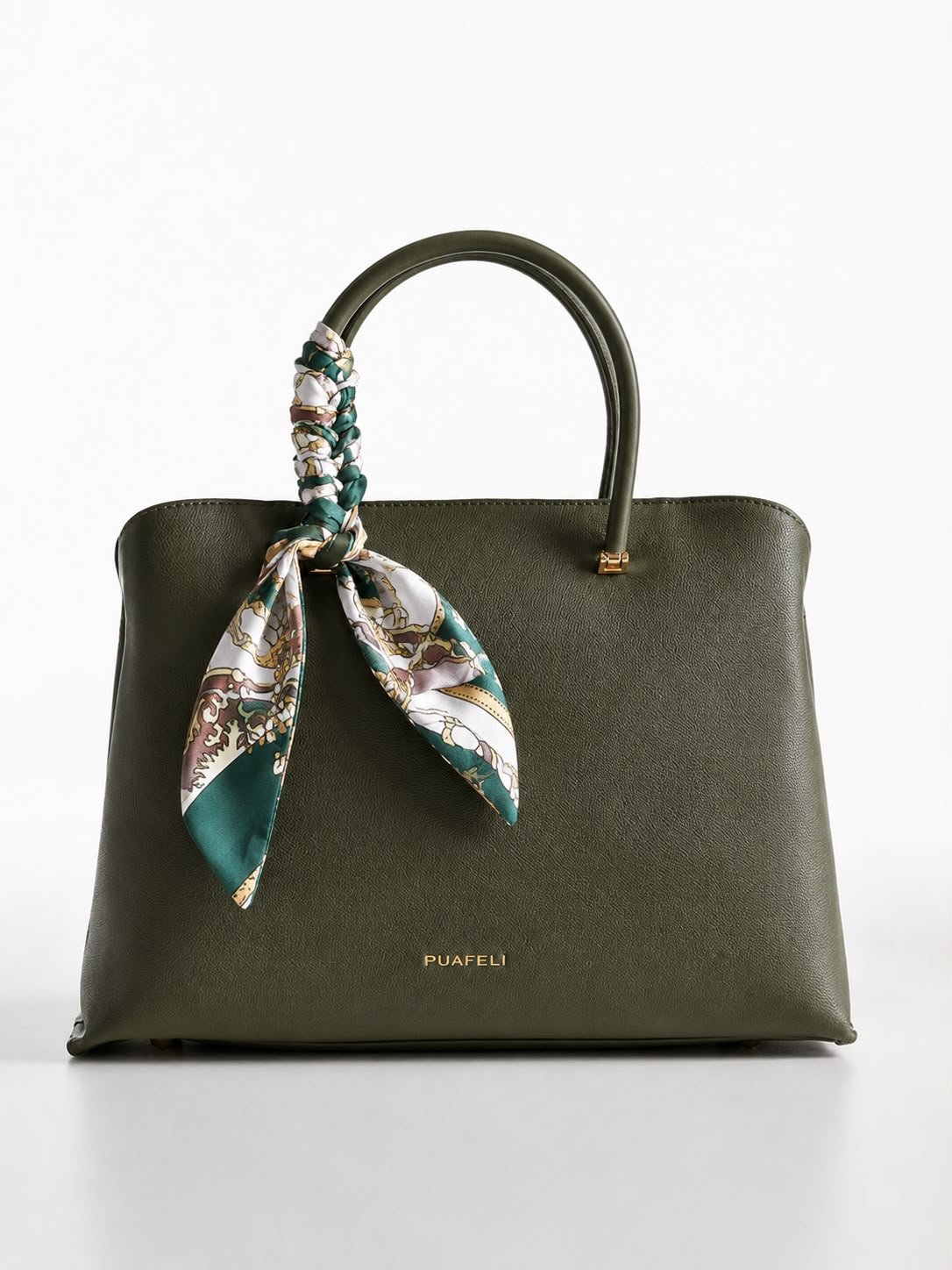 PUAFELI Women’s Premium Olive Green Tote Handbag with Silk Scarf