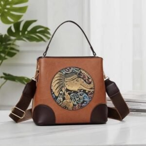 Hand-Embossed Elephant Print Crossbody Bag Tan Brown